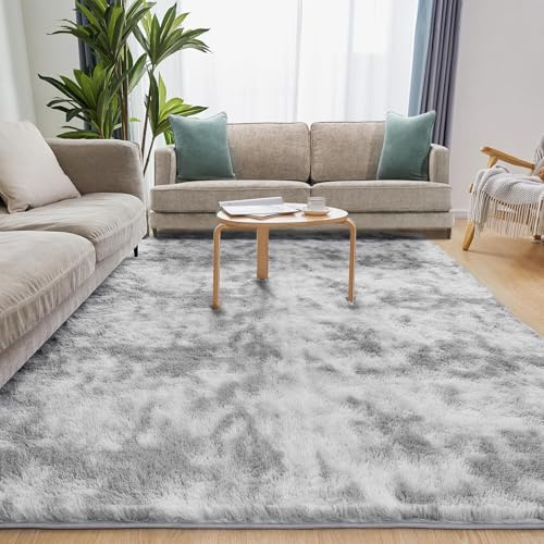 Hochflor Teppiche Wohnzimmer Flauschiger Weich, 120x170cm, Tie-Dye Hellgrau | Wohnzimmerteppich Waschbarer & Anti-Rutsch Modern Shaggy Teppich für Schlafzimmer, Kinderzimmer
