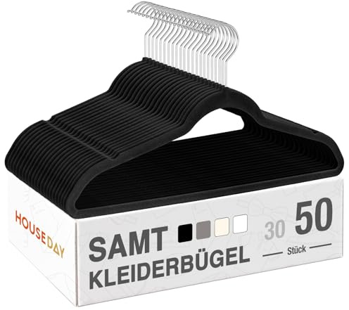 HOUSE DAY Kleiderbügel Samt 50er Set, rutschfeste Bügel, Schwarz | Kleiderbügel Platzsparend, Samtbügel Schmal mit 360° Drehbarer Haken, für Hemden, Anzüge, Mäntel, Pullover, Hosen