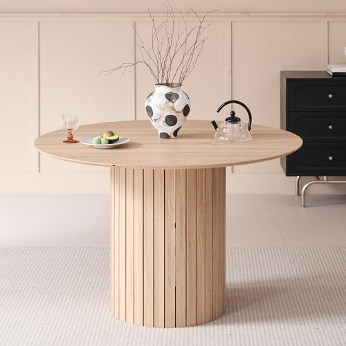 EGOONM Table de Salle à Manger Ronde 120cm pour 4-6 Personnes, Table de Cuisine Moderne avec Support de Base Cylindrique, Plateau de Table en MDF (Finition Grain de Bois) (Marron Clair)