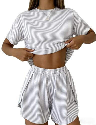 IECCP Schlafanzug Damen Kurz Pyjama T-Shirt Kurzarm Pyjamas Set Nachtwäsche Set Zweiteiliger Sommer Loungewear Sleepwear Grau und Weiß Gestreifter Schlafanzug M