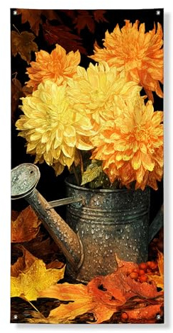 Autumn Floral Door Cover Banner Decorative, Vintage Yellow Dahlia Flowers Watering Can Front Door Decor, Indoor Outdoor Fall Hanging Backdrop Festival Supplies 36x72 Inch
