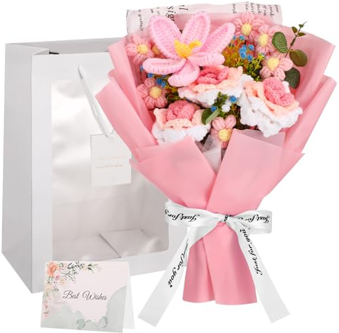 Crochet Flowers Bouquet, Hand Knitted Tulip & Rose Flowers with Gift Bag & Greeting Card, Artificial Faux Yarn Flower Bouquet for Home Decor, Wedding, Birthday, Mother’s Day
