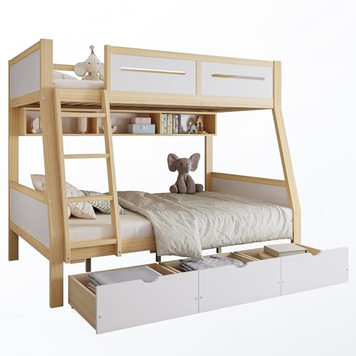 Azkoeesy Letto a Castello con 3 cassetti, 90x200cm/120x200cm, Bianco e Naturale, con libreria, scaletta, ringhiera e spazio di archiviazione, realizzato in legno di pino e MDF