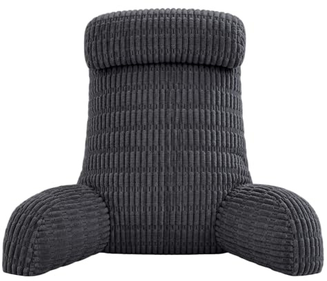 Lesekissen für Bett und Sofa, Rückenkissen Sitzkissen mit RüCkenlehne mit Handgelenkstütze, Armlehnen und Rückenstütze, Rückenkissen für Bettruhe Faulenzen Lesen (Grau, Mit Kopfstütze, 80×40×55cm)