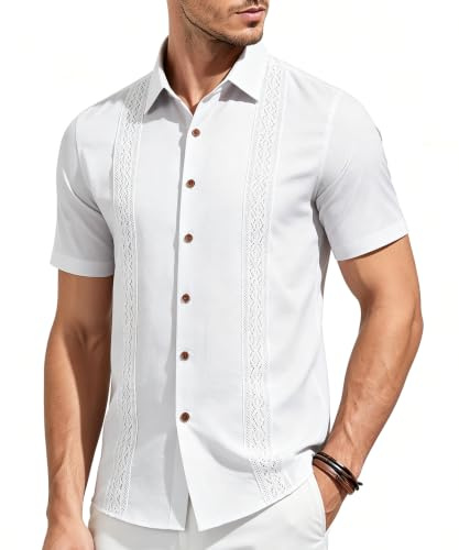 Mauro Kane Camicia Guayabera Uomo Maniche Corte, con Bottoni, Leggera Traspirante Comoda, Camicia Estiva da Tempo Libero Bianco L