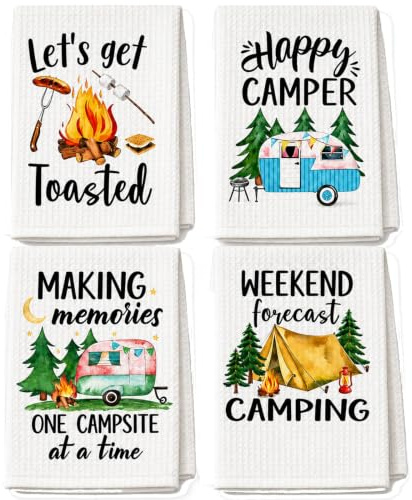 4 Stück Camper Geschenke Geschirrtücher 40 X 60 cm Set, Camping Geschenk | Küchentücher mit Wohnwagen, Tent, sleeping bag, Motiv, Camping Geschenke für Küche Wohnmobil Wohnwagen Outdoor Deko