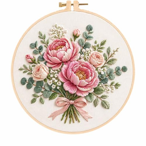 Peony Embroidery Kit with Bamboo Hoop, Pre-Printed Fabric, 25 x 25 cm | Threads, needles and scissors included, for adults and beginners, DIY crafting and home wall display