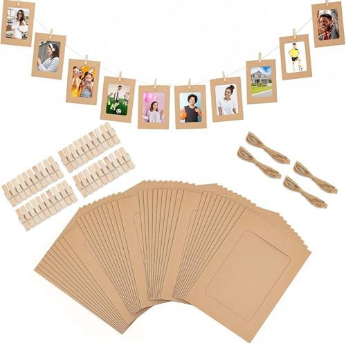 SERAVA 40 Stück Papier Bilderrahmen 15,5×11,5 cm Fotoleine mit Klammern Fotogirlande mit 40 Stück Holzklammern und 4 Stück Hanfseil Karton Bilderrahmen 6 Zoll für DIY Geburtstag Hochzeit Party Wand