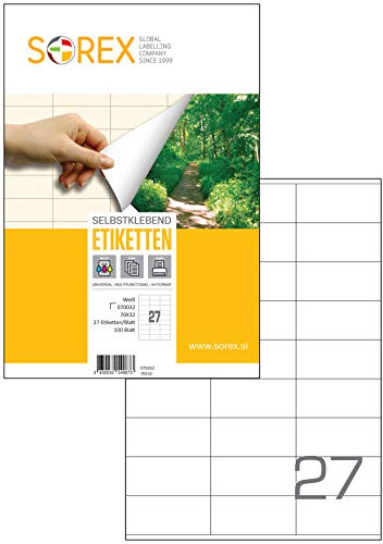 Sorex 70x32 mm Universal Etiketten Selbstklebend Weiß für alle Drucker, 100 Blatt DIN A4, Premium Aufkleber, Starke Klebekraft, Barcode, Adressetiketten, Live Geschnitten, 27 Etiketten/Blatt