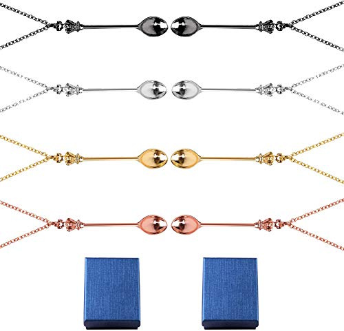 Zngou 8PCS Silver Mini Spoon Necklace Long Chain Vintage Hidden Ket Necklace Tiny Ibiza Little Spoon Pendant Scoop Charm Set Antique Jewelry Accessory for Women Girl Party Favor