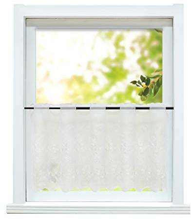 ESLIR Scheibengardine, Kurzgardine Bestickt, Blätter Weiß HxB 75x110cm | Landhaus Bistrogardine, Küche Voile Gardinen, Transparent Vorhänge mit Stickerei, 1 Stück