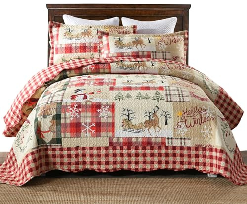 MarCielo 3 Piece Christmas Quilt Set, Rustic Lodge Deer Quilt Bedspread Throw Blanket Lightweight Bedspread Coverlet Comforter Set (Hello Winter, King)