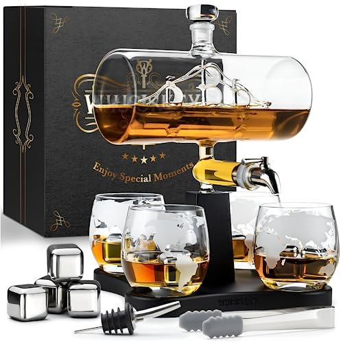 WHISISKEY Decanter per Whisky - Set Whisky Regalo - Idee Regalo Uomo Compleanno - Velieri Decanter 1100ML, Scatola Regalo, 4 Bicchieri da Whisky x 285ML, 4 Pietre di Whisky, Accessori