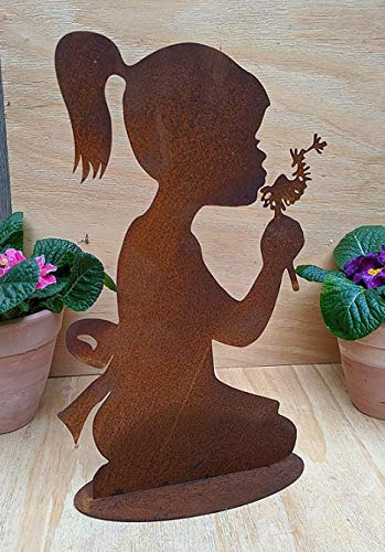 terracotta-toepfe-de Rost Figur Mädchen mit Pusteblume Höhe ca. 36, Metall Edelrost Garten Deko Skulptur Statue