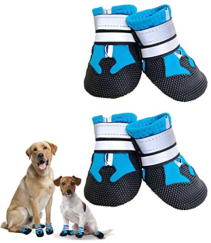 Dricar Hundeschuhe Pfotenschutz, 4 Stück Atmungsaktive Hunde Schuhe Outdoor, Anti-Rutsch Hundestiefel mit Rutschfester Sohle für Kleine, Mittlere und Große Hunde, Blau, S