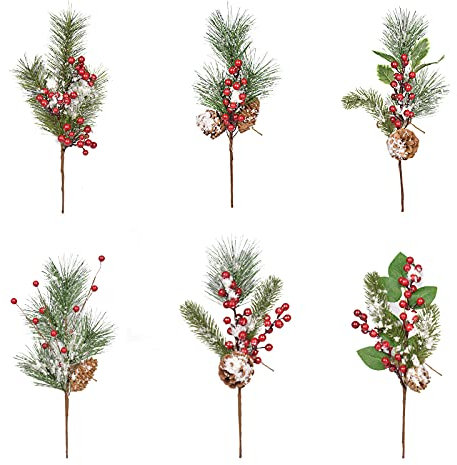 Dysetcs Künstliche Tannenzapfen, Stechpalmen-Stiel, 35,6 cm, rote Beerenstiele, Tannenzweige, schneebedeckte Blumen mit Tannenzapfen für Bastelarbeiten, Kranz, Girlande, Weihnachtsdekoration, 12 Stück