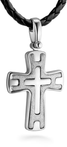 Sterll Collana Da Uomo In Pelle Con Pendente Croce In Argento Regolabile