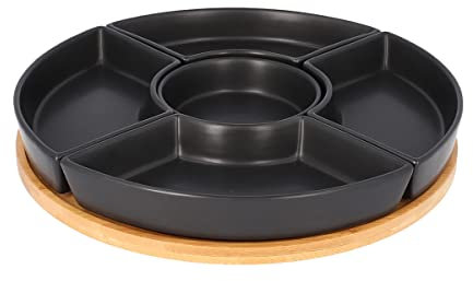 HOMLA Fincan Moderne Servierplatte Rund 6-teilig - Auffallendes Design Teller für Partys Feiern Snacks Häppchen - Porzellan und Bambusholz Ø 30 cm Schwarz