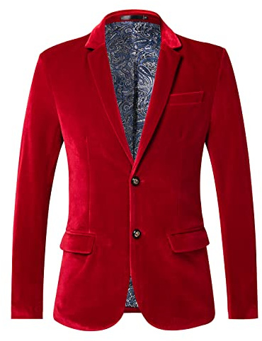 THWEI Mens Velvet Blazer Slim-Fit Fashion Solid Suit Jacket Wine Red L