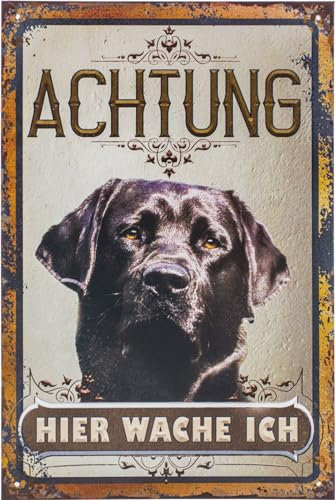 30 x 20 cm wetterfestes Blechschild, Warnhinweis, Torschild, Achtung, hier Wache ich! Warnung vor dem Hund (Labrador schwarz)