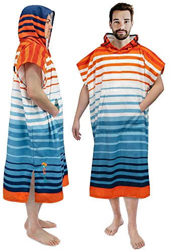 SUN CUBE Surf poncho ombytesrock med huva | tjock snabbtorkande mikrofiber våtdräkt sköthandduk för surfing strand simning utomhussport - orange blå rand