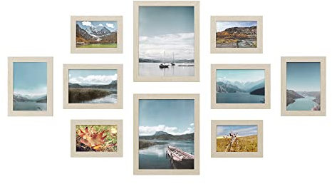 SONGMICS Bilderrahmen 10er Set, für 2 Fotos in 20 x 25 cm, 4 Fotos in 13 x 18 cm, 4 Fotos in 10 x 15 cm, Kunststoffscheibe, MDF, weihnachten, naturbeige RPF310N02
