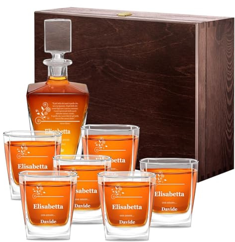 Maverton set caraffa + 6 bicchieri per whisky, Decanter in vetro da 800 ml | Incisione personalizzata, Set per il whisky in cristallo, Per compleanno, Per la tua Lei, Dedica