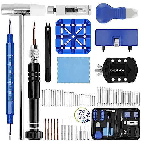 Nswayy Professionelles 73-teiliges Uhrmacherwerkzeug Set für Uhrreparatur und Batteriewechsel Inklusive Tasche Schraubendreher Hammer Pinzette Hebelwerkzeug Skalpell Ständer Ohren Uhrenöffner