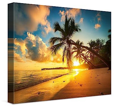 PICANOVA – Leinwandbild 40x30cm Strand Sonnenuntergang – Leinwanddruck – Wandbild Kunstdruck Auf 2cm Holz-Keilrahmen Für Schlaf- Und Wohnzimmer Wanddekoration – Bild auf Leinwand