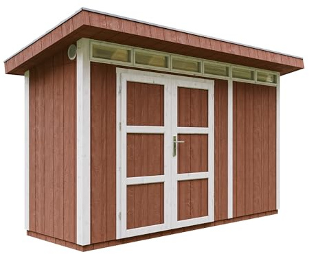 Gartenhaus Premium Qualität 4,3m² - L161xW411cm- All-Inclusive-Set mit Boden, Bitumen-Dachziegeln, Farbset- Hochwertiger Geräteschuppen aus Holzwerkstoffplatten LP Smartside - M902A Redwood RED