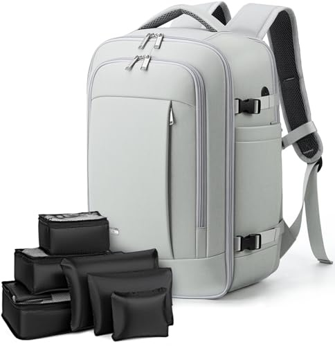 Lekespring Rucksack Handgepäck Flugzeug Ryanair Handgepäck 40x20x25 Reiserucksack Damen mit 6 Teilige Kleidertaschen-Packing Cubes für Kurze Tirp Business Weekender, Grau | 40x20x25 Reiserucksack Damen mit 6 Teilige Kleidertaschen-Packing Cubes für Kurze Tirp Business Weekender, Grau