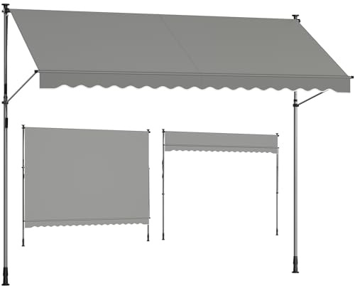 SONGMICS Retractable Awning, Manual Retractable Sunshade, Height-Adjustable with Crank, for Balcony, Garden, Patio, 350 x 120 cm, Grey GSA352G01