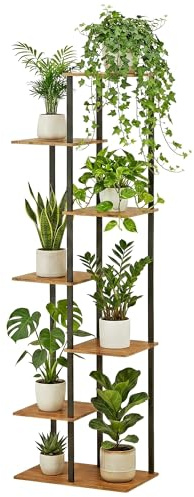 JEPRECO Plant Stand Indoor 7 Tier 8 Potted Metal Wood Plant Shelf, Multiple Flower Pots Corner Tall Plant Holder Stands for Living Room Balcony Bedroom, Rustic Brown
