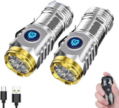 PKKP Mini lampe de poche avec monstre à trois yeux - LED étanche - Extrêmement lumineuse - Rechargeable par USB - 5 modes d'éclairage - Mini lampe à main pour camping, randonnée, urgence - Argenté