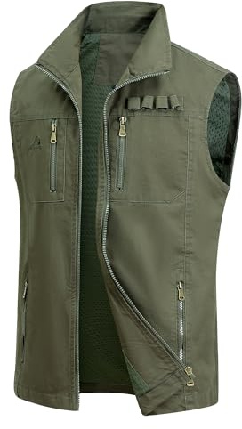 MeiLayM Uomo All'aperto Gilet Multi-Tasca Cotone Gilet da Pesca Leggero Traspirante Giubbotti Gilet vintage Casual Sport Giubbino Senza Maniche Caccia FotografiVerde militare,M