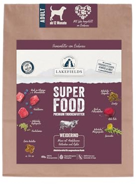 Lakefields SUPERFOOD | Premium Hundefutter trocken | 61% Rind | 4 x 1kg | Getreidefreies Trockenfutter für ausgewachsene Hunde | Mit Heidelbeeren, Seealge & Roter Beete | Von Tierärzten entwickelt