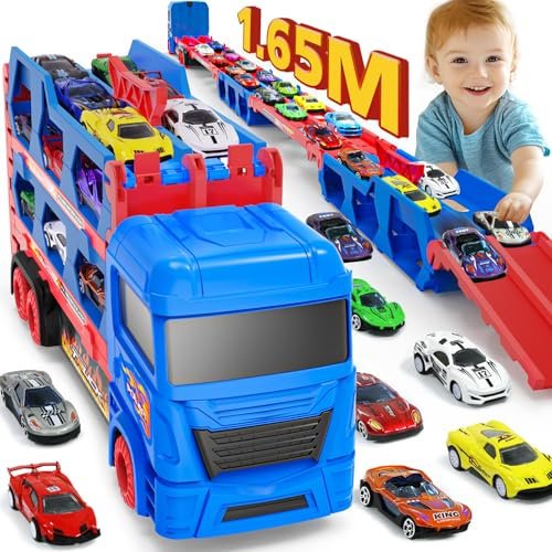 Camion giocattolo per bambini, pista da corsa pieghevole di 165 cm con 10 macchinine (metallo) - 4 auto retrattili e 6 auto da corsas, pista da corsa per camion giocattolo per bambini3-8