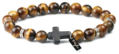 Raffici Natural Tiger Eye Lava Rock Bead Black Agate Frosted Cross Rosary Meditation Prayer Jesus Yoga Jewelry Balance Anxiety Women Men Teen Unisex Gift