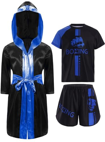Oyolan Enfant Garçon Short de Boxe et T-Shirt Peignoir Robe de Boxe à Capuche Ensemble Combat Muay Thai MMA Kick Boxing