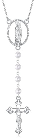 YAFEINI Rosenkranz Kette Damen Sterling Silber Italienische feste Perle Kette Kreuz & Rosen kranz Jungfrau Maria Anhänger Y Halskette Catolico Schmuck Geschenke für Damen