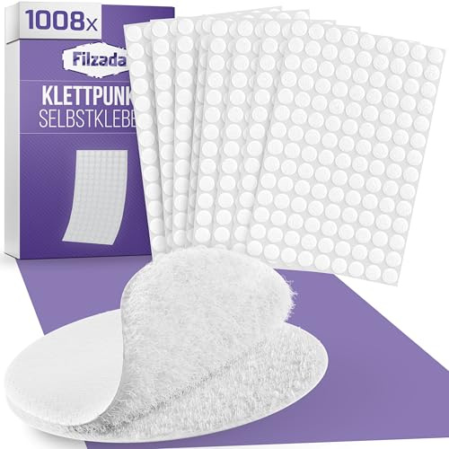 Filzada® 1008x Klettpunkte Selbstklebend Weiß Ø 10mm - Klett Klebepunkte | Selbstklebende Klett Punkte für DIY, Basteln, Poster - runder Klettverschluss - 504 Haken & 504 Schlaufen - rückstandsfrei