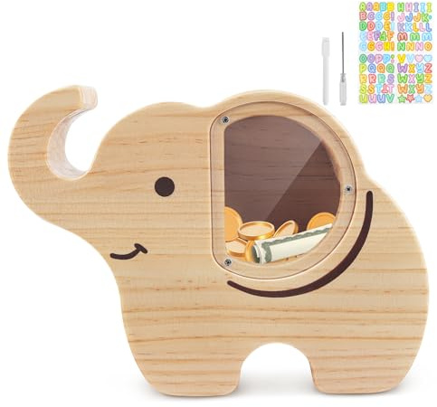 Spardose Kinder, Sparschwein Sparbüchse Holz für Kinder - Elefanten | Spardosen Sparziel mit Marker & Aufkleber Personalisiert Holz Wiederverwendbare für Mädchen Jungen Kinder