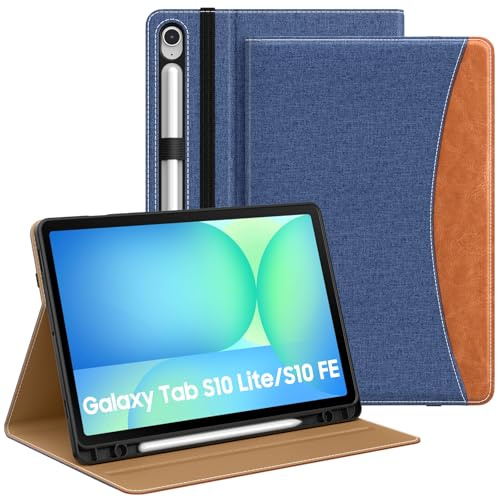 MoKo Hülle für Samsug Galaxy Tab S10 Lite/ S10 FE/ S9 FE/ S9 10.9/11 Zoll | PU-Leder Hülle für Samsung Tablet (2025/2023) mit S Pen-Stifthalter, Handschlaufe & Tasche, Auto Schlaf/Aufwach, Blau & Braun