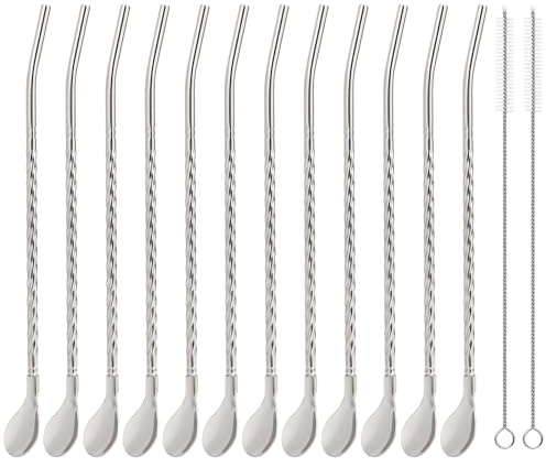 kilofly 12 pcs Bar Spoon Straws Stainless Steel Twisted Long Handle + 2 Cleaning Brushes
