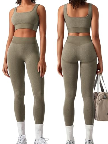 OLCHEE Womens Workout Sets 2 Piece Seamless Square Neck Sports Bra Padded Butt Lifting Leggings High Waist Yoga Gym Outfits - Olive Green Small