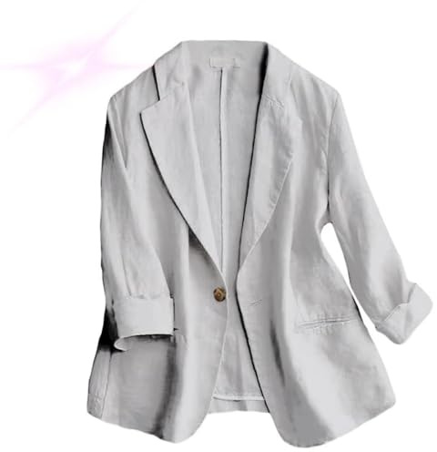 Generisk linneblazer för kvinnor på sommaren, lätt, linneblazer 3/4-ärm kofta fram öppen skåra arbete business casual kavaj, Vit, S