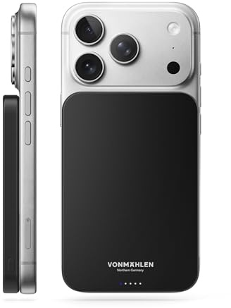 VONMÄHLEN Evergreen Mag - Wireless Powerbank kompatibel mit MagSafe - Ultra Thin, Tragbares Ladegerät mit 5000mAh Kapazität und 15W Drahtloses Laden, magnetische Powerbank (QI2-zertifiziert) - Black