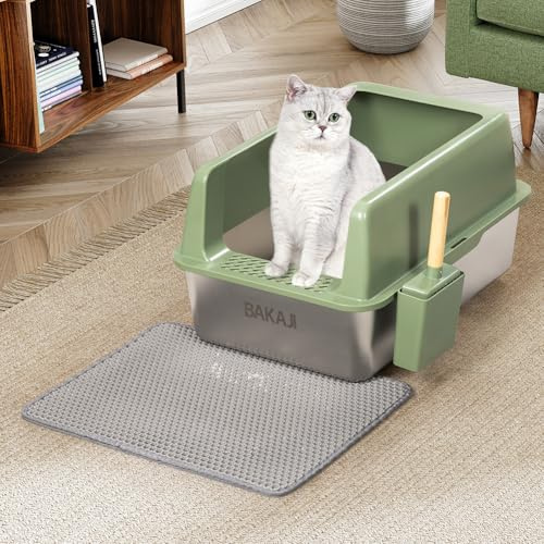 BAKAJI XXL Öppen grön kattsandsbricka med stålbas med anti-sandkant, skopa för samling och behållare, anti-smutsmatta, halkfri bas, kapacitet 35 L, 60 x 40 x 30 cm