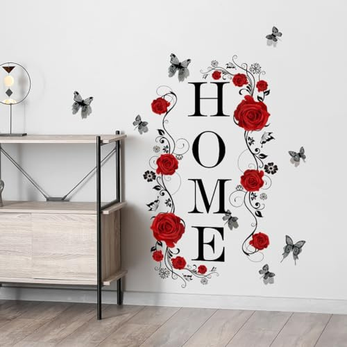 Adesivo murale HOME con rose rosse, lettere verticali e farfalle 3D – decorazione fai-da-te per ingresso, pareti salotto, corridoio e ambienti moderni