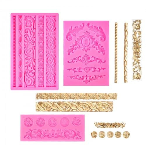 Disnace 3 Stück Barock Silikonform, Fondant Formen Silikon Vintage Backform, Retro Relief Formen 3D Backform, Fondant Spitze Cake Border Decoration für Kuchen Schokolade Dessert Clay (Rosa)